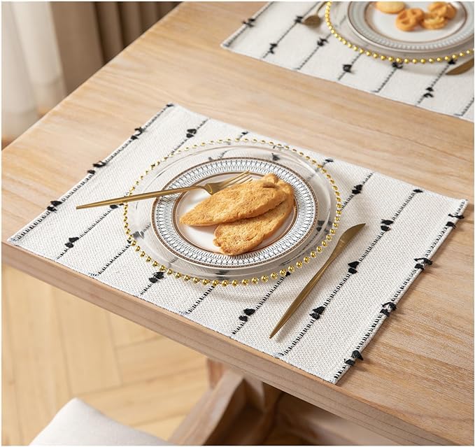 Boho Placemats Set of 6 for Dining Table Decor, Woven Cloth Place Mats for Farmhouse Rustic Kitche Home Decor, Cotton Placemats 13 x 19 Inch, Black and Beige Table mats