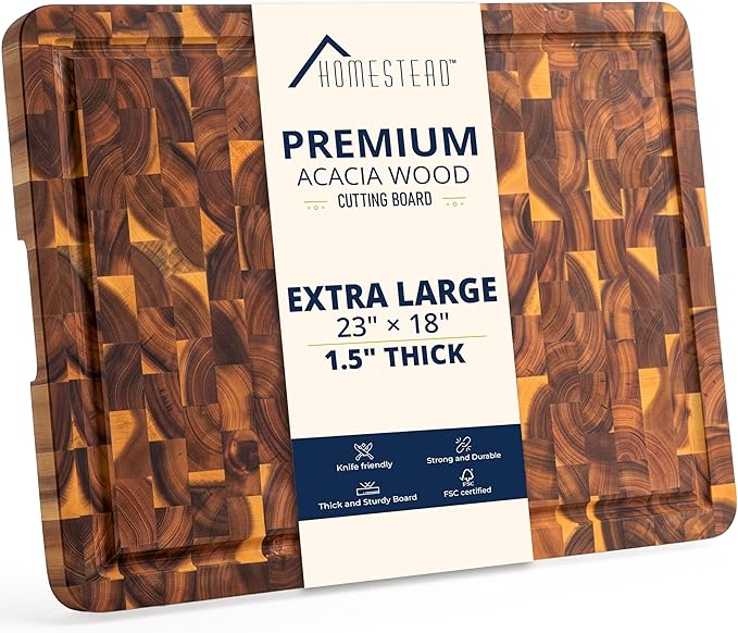 HOMESTEAD End Grain Acacia Wood Cutting Board 23x18x1.5, Reversible Butcher Block Board for Kitchen with Deep Juice Groove, Handles, Knife-Friendly Surface for Meat Chopping and Charcuterie Serving