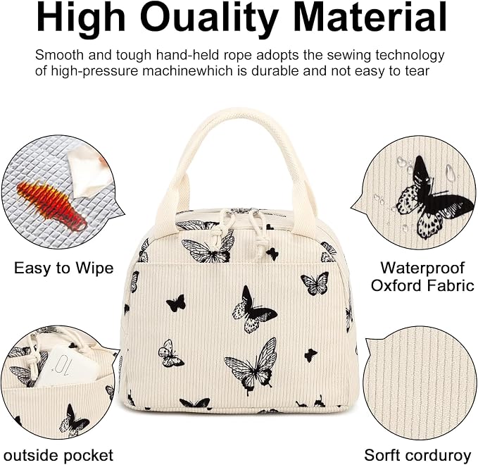 LEDAOU Lunch Box for Women Insulated Lunch Bag Corduroy Lunch Tote Bags Leakproof Cooler Lunch Case for Travel Work Picnic (Corduroy Beige-Butterfly)