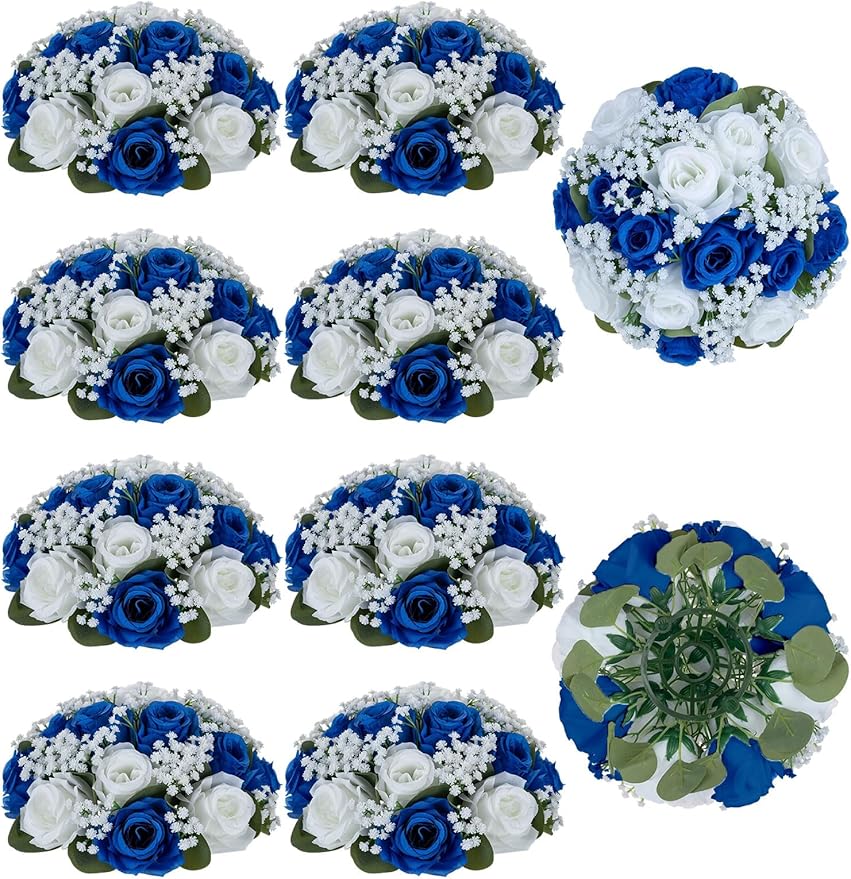 BLOSMON Fake Flowers Ball Wedding Centerpieces 10 Pcs Royal Blue Rose Babys Breath Artificial Flowers Center Pieces Decoration for Table Faux Silk Floral Bouquet Arrangements for Home Party DIY Decor