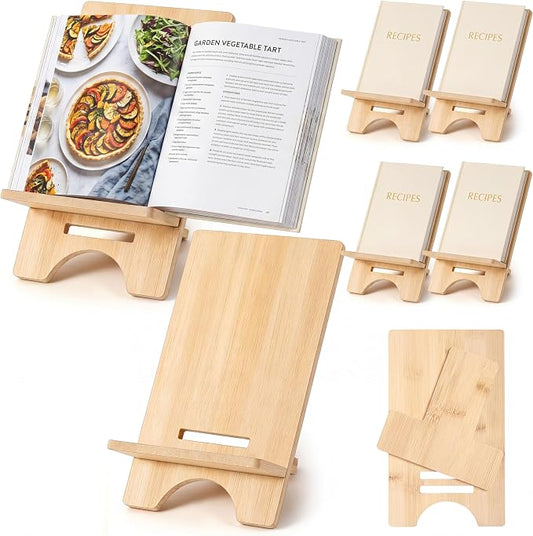 Novabright 6 Pack Adjustable Bamboo Cookbook Stand for Kitchen Counter 8 x 5 Inch Wooden Cookbook Holder for Recipe Book, Tablet, Reading, Desk Magazine Display Rack for Home Office Kitchen