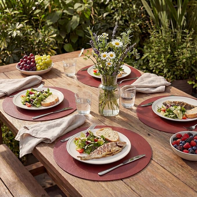 Artoid Mode Red Faux Leather Placemats Set of 6, 15 Inch Waterproof Wipeable Heat Resistant Vinyl Place Mats, Reversible Table Mats for Christmas Kitchen Dining Decor