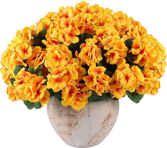 Hananona 12 Pcs Artificial Geranium Flowers for Outdoors Geranium Silk Flowers Outdoor UV Resistant Garden Plants Faux Flowers for Home Kitchen Table Centerpieces Decor (12, Yellow)