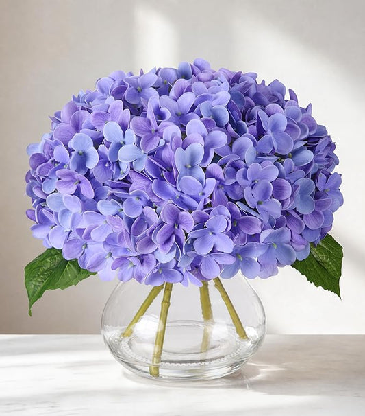 Real Touch Faux Hydrangea Flowers in Glass Vase, No Watering Needed Silk Hydrangea Artificial Flowers for Farmhouse Wedding Decor Dining Table Centerpiece Bedroom Decor (Purple)