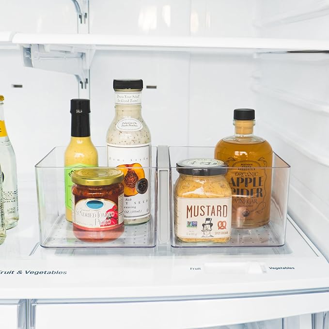 madesmart Fridge Portable Tote, Condiment Caddy with 2 Compartments, Pop-Up Handle & Non-Slip Base, Refrigerator Organizer for Sauces, Jars & Small Items, Clear