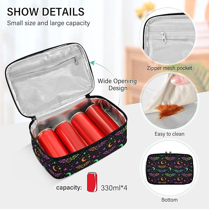 MNSRUU Insulated Reusable Lunch Box Halloween Luminous Bats Lunch Bag Leakproof Lunch Tote Bags for Women/Men, Lunch Containers Cooler Lunch Bags for Adults Work Office Picnic