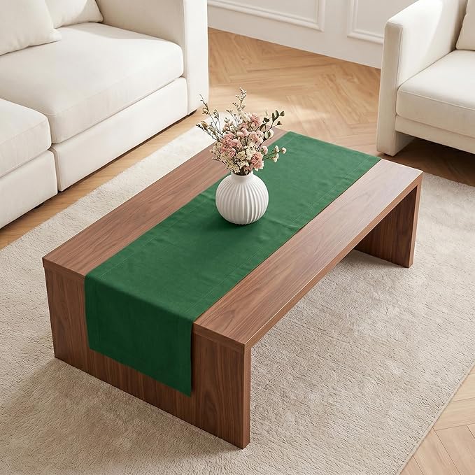 Solino Home Linen Table Runner 48 Inches - 100% Pure Linen Pine Green Table Runner 14 x 48 Inch Ideal for Dresser and Coffee Tables - Fete