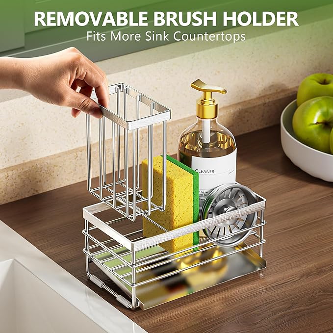 Cisily Sink Caddy Sponge Holder for Kitchen with Brush Holder and Stainless Steel Self Drain Tray, Rustproof Kitchen Sink Organizer for Sponge, Soap Dispenser Storage Accessories