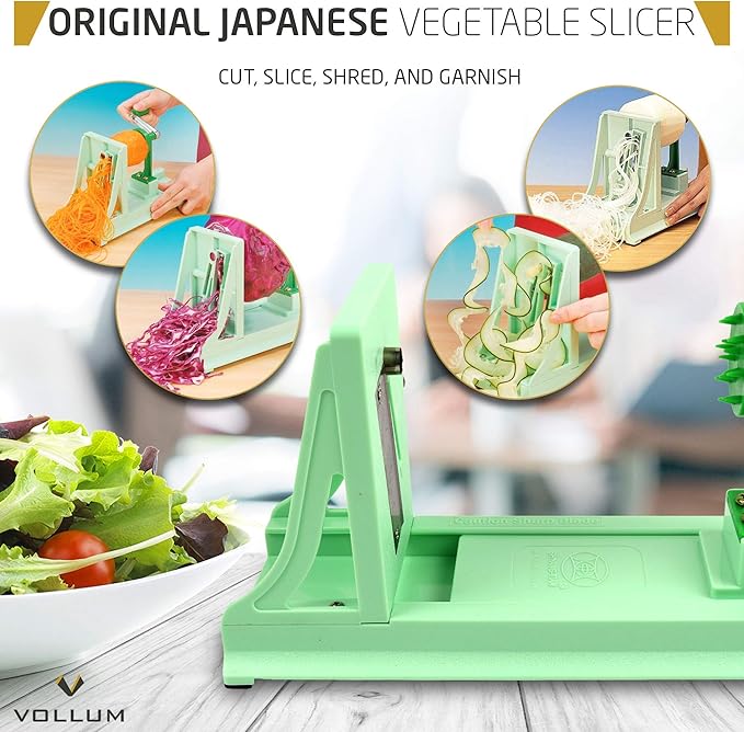 Vollum Japanese Turning Vegetable Spiralizer, Veggie Spiralizer For Fresh Zucchini, Squash, Butternut Squash with 1 Straight-Edged Blade and 3 Serrated Blades Multiple