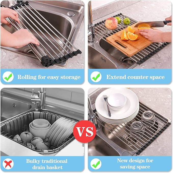 Seropy Roll Up Dish Drying Rack Over the Sink Drying Rack for Kitchen Counter, Rolling Dish Rack Over Sink Mat, Foldable Dish Drainer Stainless Steel Rack Kitchen Organization Gadgets 20.5"x11.8"