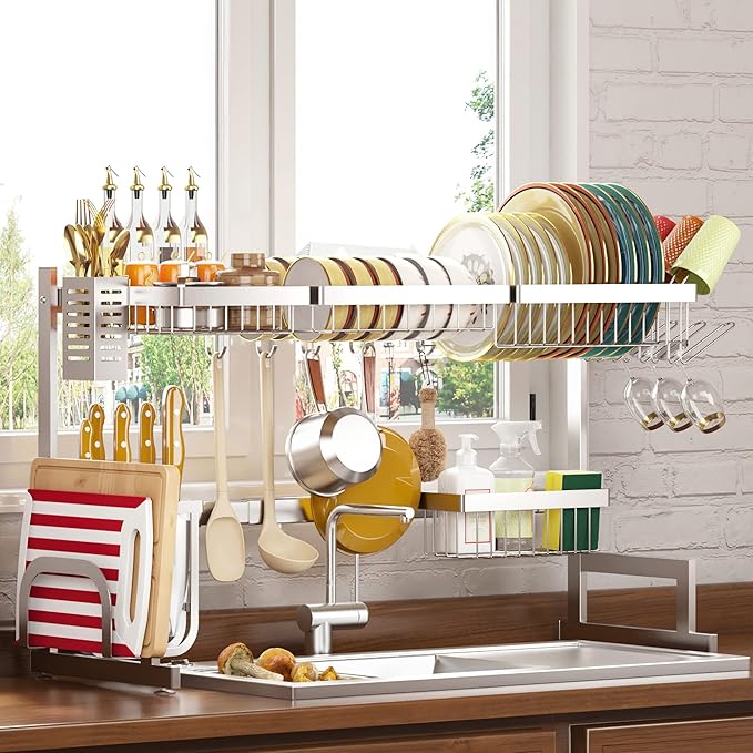 PUSDON Over Sink Dish Drying Rack Stainless Steel, Adjustable Large Dish Drainer for Storage Kitchen Organization Silver 2 Tier - Standard(26"-38")