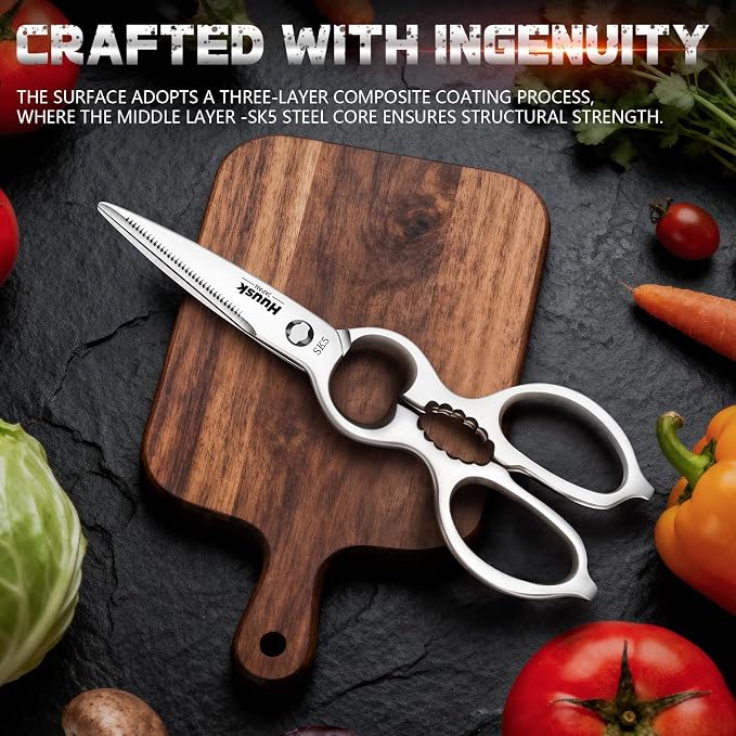 Huusk Kitchen Scissors All Purpose - Christmas Gift for Men and Women - Silver Kitchen Shears for Vegetables and Meat - Detachable Scissors for Thorough Cleaning