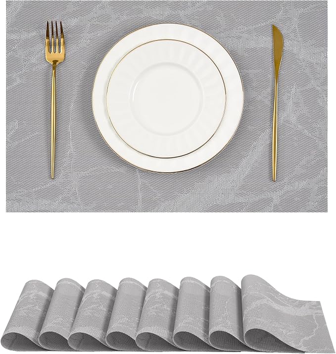 Leetaltree Reversible Marble Placemats Set of 8 – Ships Flat and Stays Flat, Durable Washable Vinyl PVC Placemats, Heat Resistant, Easy Wipe Clean (Gray Marble Pattern)