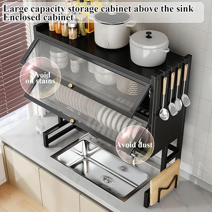 Over The Sink Dish Drying Rack Space-Saving 3 Tier with Cover Dish Rack with Dustproof Cover and Knife Holder Large Capacity Kitchen Organizer for Plates, Bowls, and Pots(Black,75cm)