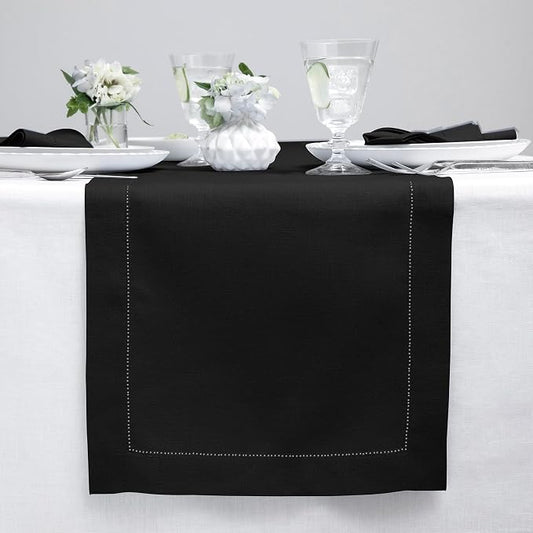 Solino Home Linen Black Table Runner 90 Inches Long - 100% Pure Linen Hemstitch 14 x 90 Inch Table Runner for Dining, Summer - Classic Hemstitch