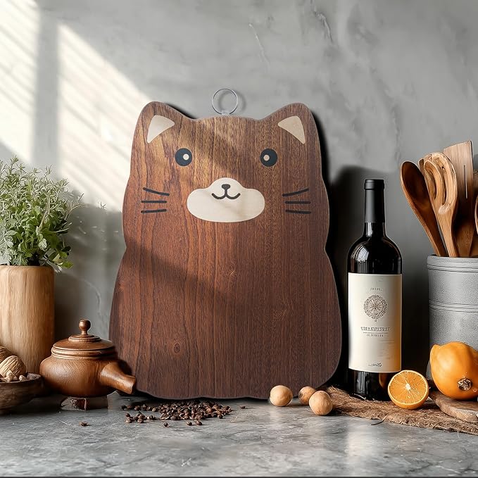 Animal Shaped Cutting Board, Decorative Hardwood Chopping Block for Kitchen Wall Hanging, Wooden (Kitten, 13"L x 10"W)