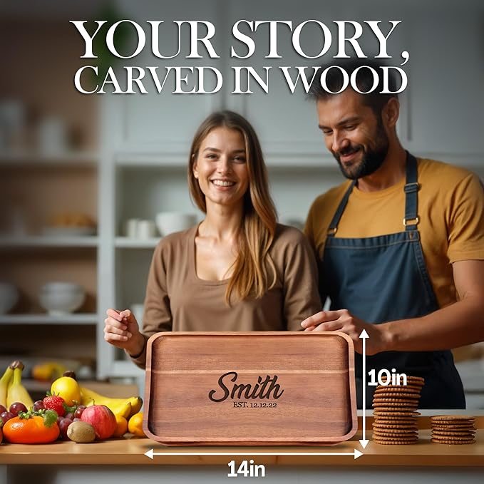 Personalized Acacia Wood Serving Tray with Engraved Name, Wooden Tray for Food, Coffee Table, Kitchen Counter Wedding Gift – Rustic Bed Tray for Eating, Parties, Display and Home Decor Use