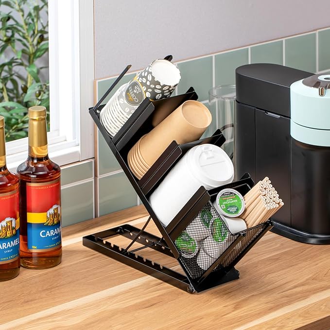 Coffee Cup Holder Organizer 4 Compartment Disposable Cup Dispenser, Cup and Lid Holder with Mesh Basket for Countertop Coffee Station Bar, Black