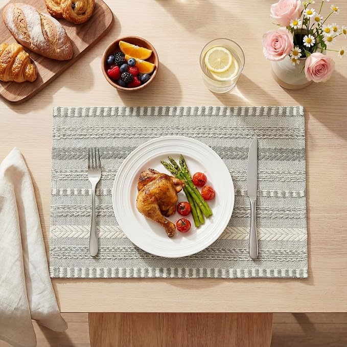 Artoid Mode Dark Grey Farmhouse Woven Braided Stripe Placemats Set of 6,12x18 Inch Seasonal Holiday Table Mats Party Kitchen Dining Decoration