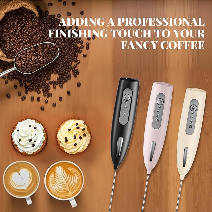 Electric Milk Frother, Three speed adjustment, USB Rechargeable Cordless Hand Blender with Sticky Stand Included, Portable Kitchen Stainless Steel Egg Beater, Mixed Drinks, Coffee Stirrers (Beige set)