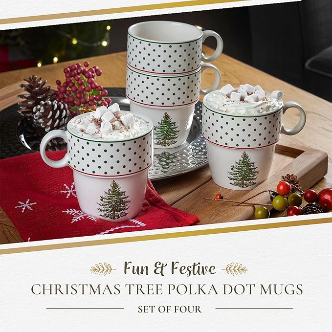 Spode Christmas Tree Polka Dot Stackable Mugs, Set of 4 - Festive 10oz for Hot Chocolate & Coffee, Space-Saving Design, Dishwasher, Microwave, Freezer Safe - Fine Earthenware Holiday Mugs