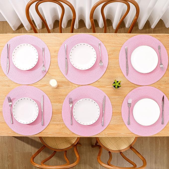SHACOS Round Braided Placemats Set of 4 Washable 15 inch Round Table Mats for Dining Table Place Mats Home Wedding Party Decor (Pink, 4)