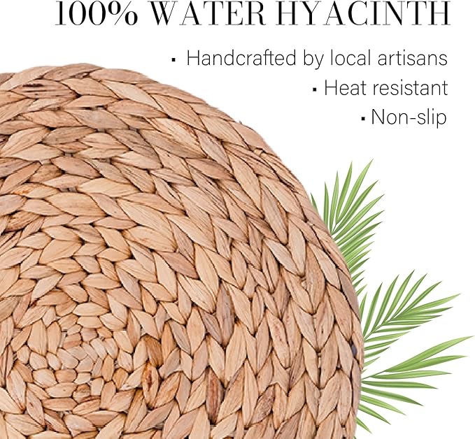 Laquedecraft 13.8" Set of 4 Round Water Hyacinth Placemats | Boho Woven Rattan Table Mats | Farmhouse Wicker Spring Plate Chargers Like Corn Husk, Seagrass for Wedding, Party, Christmas, Events