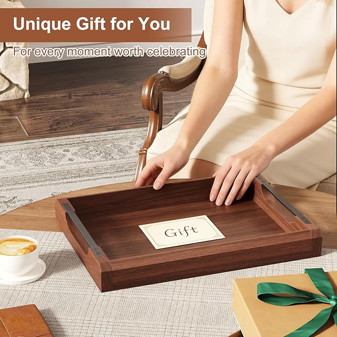 17 Inch Acacia Wood Ottoman Tray for Living Room, Wooden Serving Tray with Metal Handles, Large Serving Trays for Ottoman, Eating Food on Couch, Decorative Trays for Coffee Table, Bathroom, Home Decor
