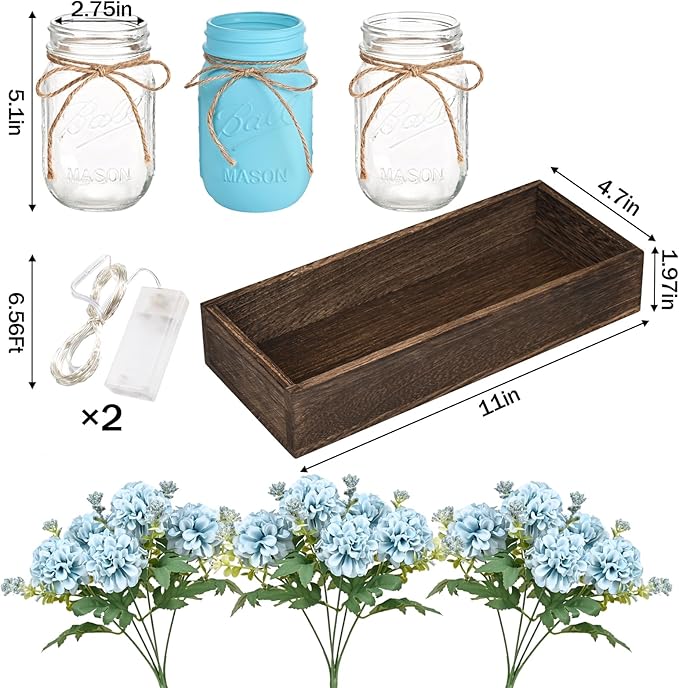 BLEUM CADE Centerpiece Table Decorations - Mason Jar Lights Centerpiece for Kitchen Dining Table Farmhouse Coffee Table Wedding Home Decor with 3 Jars Hydrangea Artificial Flowers & Wood Tray