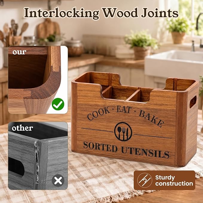 Upgraded Acacia Wood Kitchen Utensil Holder, Large Farmhouse Countertop 4-Compartment Wooden Cooking Utensil Holder for Counter, Island & Dining Room