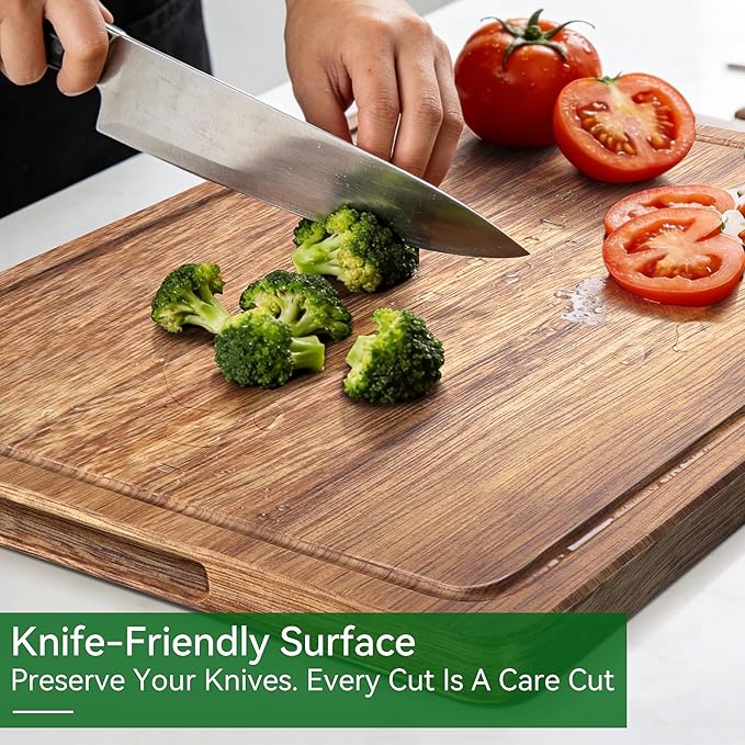 Acacia Wood Cutting Board Set of 3 – Non-Toxic & Pre-Oiled Cutting Boards for Kitchen, Chopping Boards with Holder, Juice Groove, Reversible Serving Board, Labeled Icons for Meat Cheese Vegetables