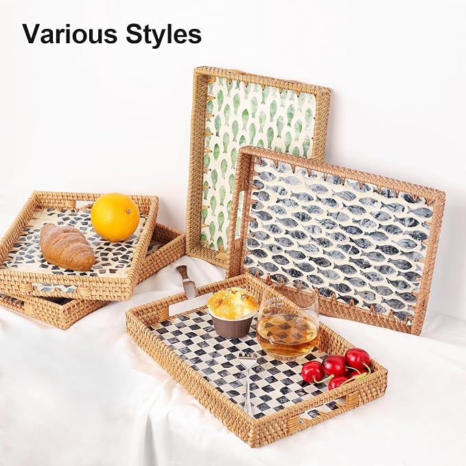 Rectangle Rattan Tray with Mother of Pearl Inlay, Rattan Serving Tray with Handle for Coffee, Bread, Fruits, Snacks, Decorative Wicker Tray for Table Decor (Black Checkerboard, 13"×9")
