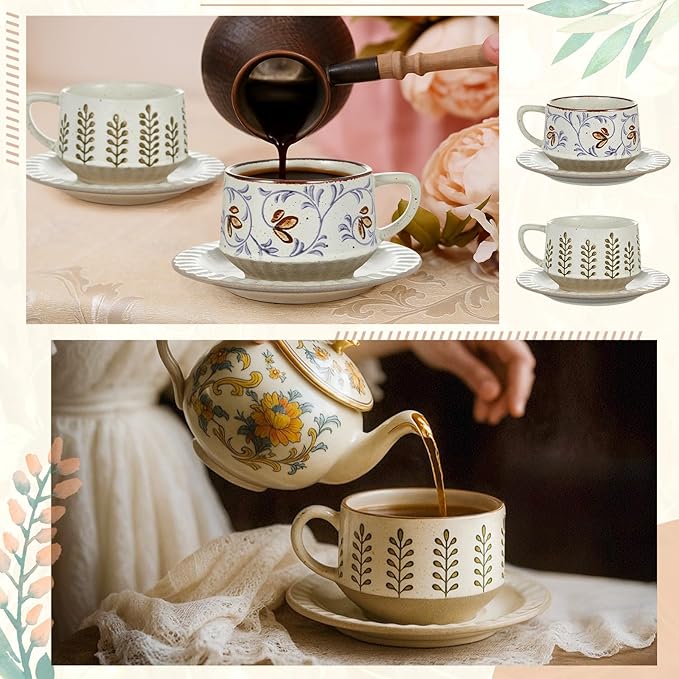 LemonRoad Vintage Tea Cup and Saucer Set of 2, 10oz Porcelain Coffee Mugs with Saucer for Latte Mocha Cappuccino Ceramic Teacups for Housewarming Wedding Gifts Kitchen Table Decor