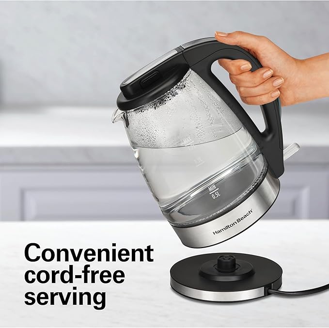 Hamilton Beach 1.7L Electric Kettle, Water Boiler & Heater, LED Indicator, Built-In Mesh Filter, Auto-Shutoff & Boil-Dry Protection, Cordless Serving, Clear Glass (40864)