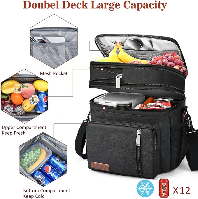 LOKASS Lunch Bag& Lunch Box for Men Women Double Deck,Large Insulated Adult Lunch Box Leakproof Lunchbox Cooler Bag for Work Picnic Beach, Black