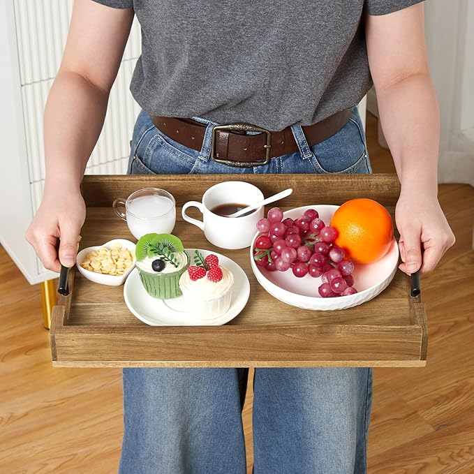 GarveeHome Acacia Serving Tray with Metal Handles, 17 in Wood Serving Tray for Coffee Table Liquor Bar, Coffee Serving Tray Toiletry Platter, Storage Tray for Ottoman Kitchen Bedroom Bathroom