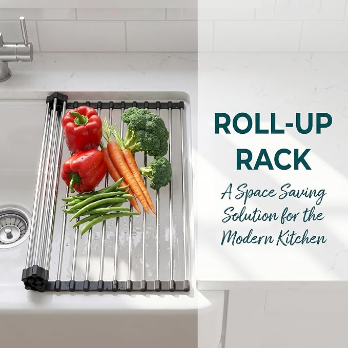 Roll Up Dish Drying Rack for Over Sink - 17.5"x15.7" Foldable Stainless Steel Kitchen Drainer, Black