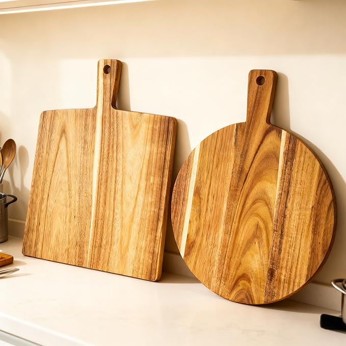 Large Acacia Wood Cutting Board with Handle 17''X13'', Charcuterie Board, Serving Board, Chopping Board for Meat, Cheese, Bread, Vegetables & Fruits (Square)
