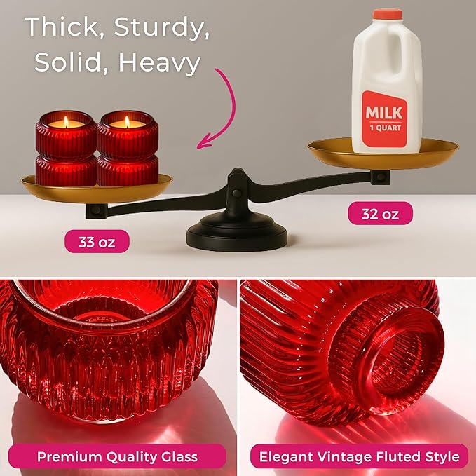 Kate Aspen Red Ribbed Taper Candle Holders for Candlesticks Set of 4 - Christmas Decor, Holiday Candle Holders, Red Candlesticks & Votive Candle Holder for Christmas Table Centerpieces