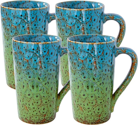 20oz Porcelain Coffee Mugs Set of 4, Large Tall Coffee Mugs with Handles, Modern Ceramic Coffee Cups for Tea, Cocoa, Milk, Gifts for Women Men - Blue & Green