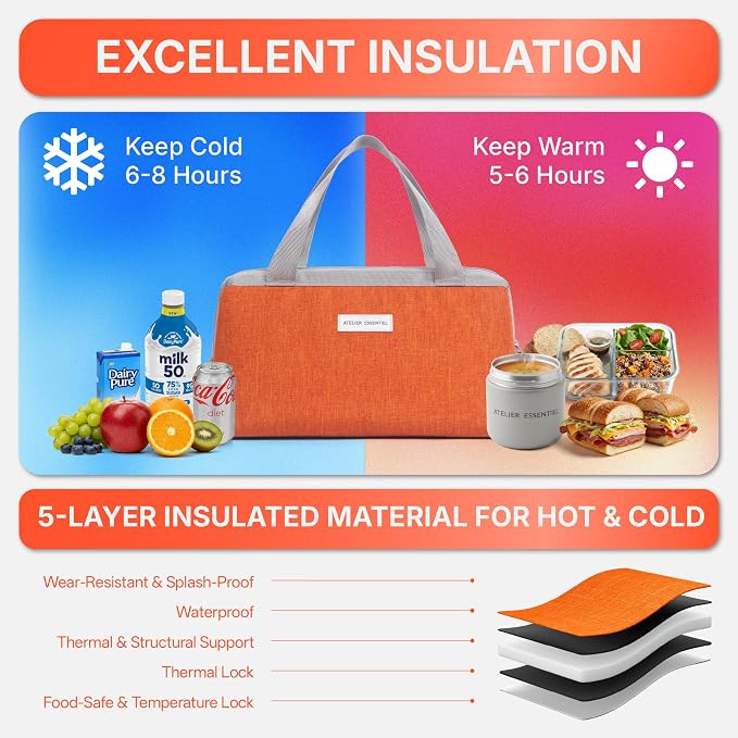 Insulated Lunch Bag Lunch Bag Women Lunch Bag for Women Lunch Box Cooler Bag Lunchbox for Work Lunch Box for Men Adult Lunch Box Womens Lunch Bags for Work (Orange)