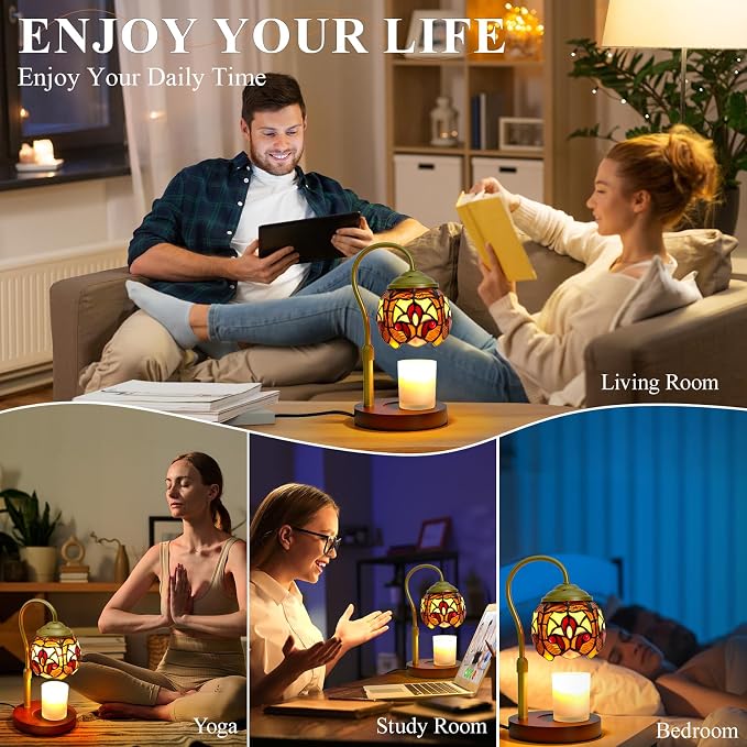 Tiffany Style Candle Warmer Lamp with Timer, Dimmable Stained Glass Candle Lamp Warmer, Birthday Gifts for Mom Women Friend Sister Baroque Wax Melt Warmer with 2 Bulbs for Home Deco