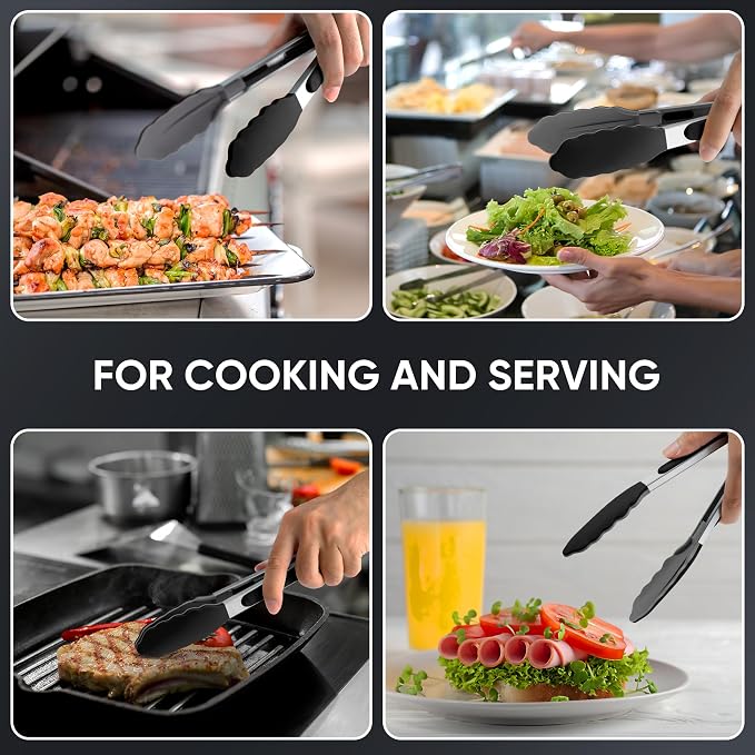 12 Inch Kitchen Tongs, Cooking Tongs with Silicone Tips and Stainless Steel Handle, Non Stick Heat Resistant Tongs for Cooking, Buffet, Salad Serving (12", Black)