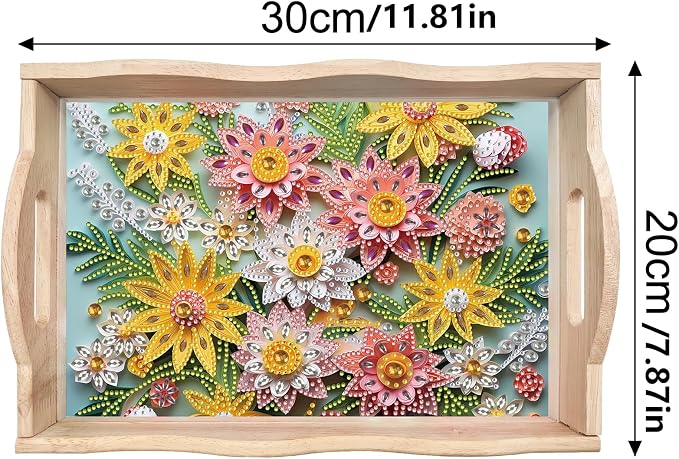 BAYUNOE DIY Diamond Serving Tray Rectangular Breakfast Tray with Handle Handmade Diamond Art Painting Wooden Tray Spring Creative Dinner Plate Coffee Room Living Home Organizer-Flower