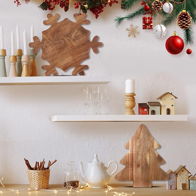 Umigy 2 Pcs Christmas Charcuterie Boards Christmas Tree Wooden Cutting Board with Handle Antler Acacia Wood Cute Cutting Board for Cheese Fruit Bread Salad Vegetables Snack Dessert(Snowflake Style)
