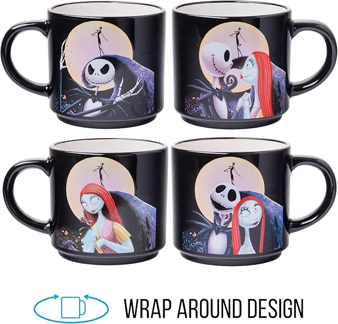 Silver Buffalo Nightmare Before Christmas Jack Sally Scene 4-Pack Ceramic Mug Stack, 10-Ounces, Nightmare Before Christmas 4-Pack Mug Stack, 5 Piece Set
