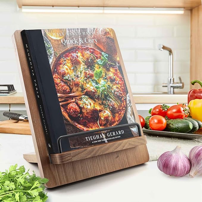 Cookbook Stand Recipe Book Holder: Recipe Cook Book Stand for Kitchen Counter, Wooden Adjustable iPad Tablet Cookbook Stand - Wood Cutting Board Style - Brown