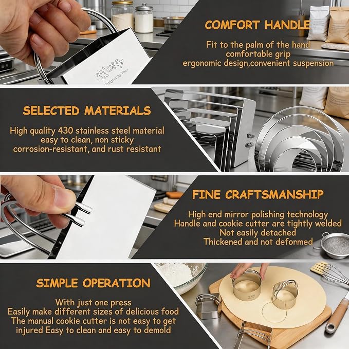 Cookie Biscuit Cutters for Baking Set of 10 pcs, Square and Round Cookie Biscuit Cutters Set with Handle, Small Cookies Biscuits Pastry Brownie Cutter Cake Cutter Tool