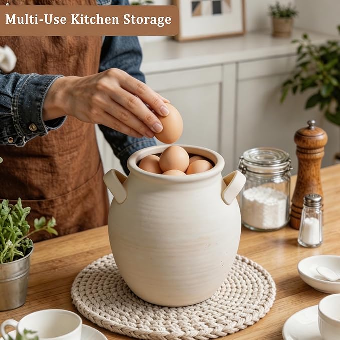 Rustic Kitchen Utensil Holder with Handle, 7" Ceramic Farmhouse Stable Utensil Crock for Countertop, Vintage Cooking Tool Organizer & Spatula Holder For Kitchen Decor (White)