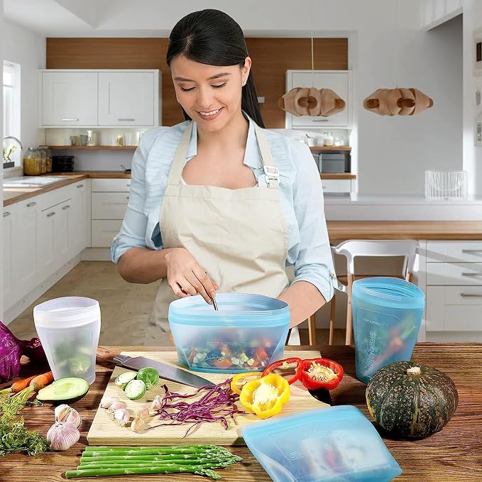 Zip Standing Reusable food container, silicone bag, 6 Pcs Zip Containers Can be used for fruit and vegetable snacks, etc. Microwave Dishwasher and Freezer Usable (blue)…